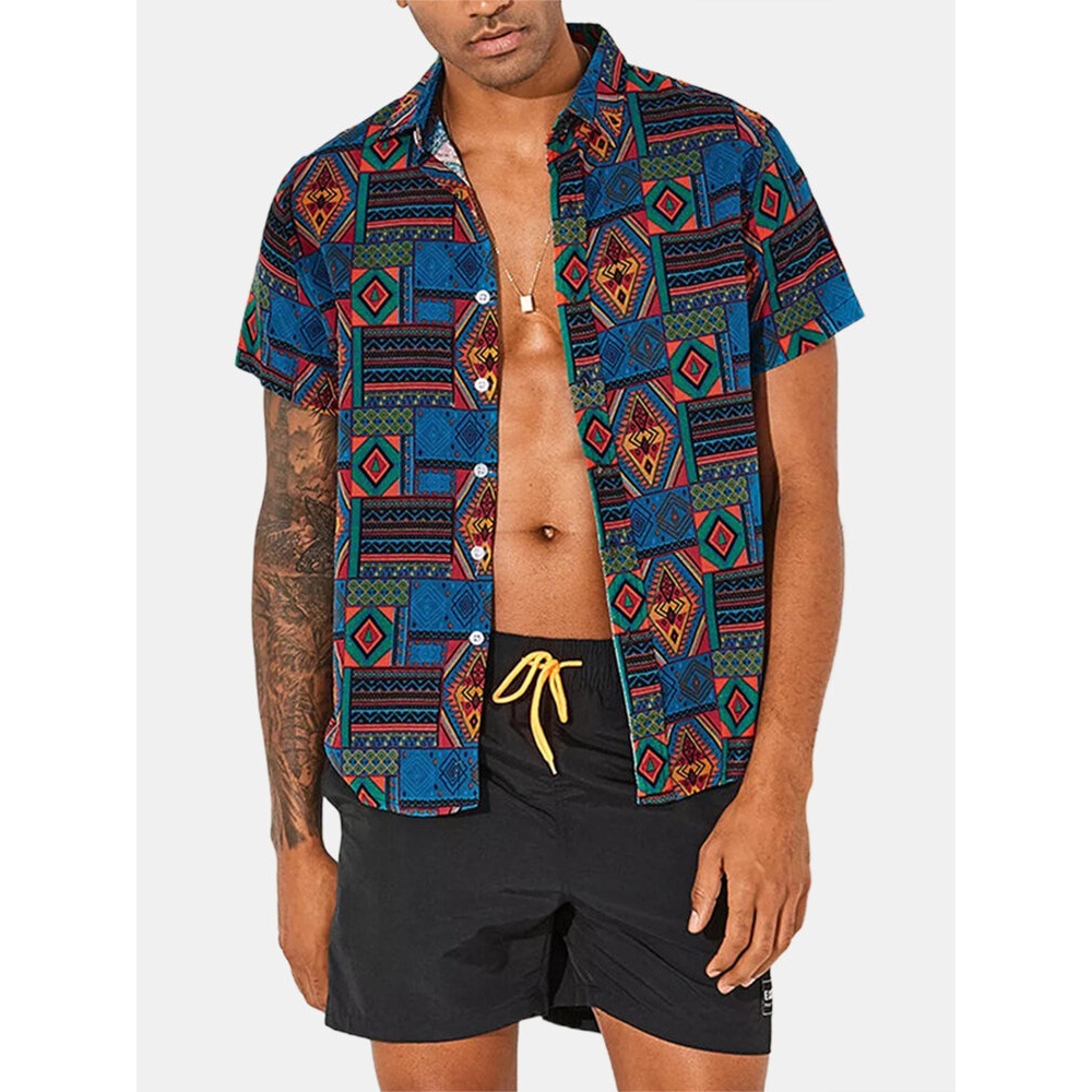 Mens Short Sleeved Lapel Printed Shirt Casual Loose Breathable Ethnic Blouse Top - S Black