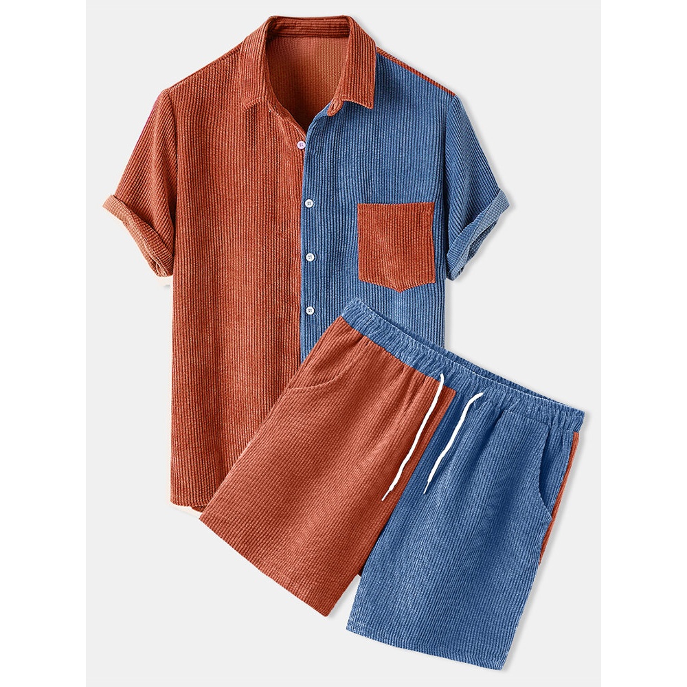 Mens Light Corduroy Patchwork Patch Pocket Elastic Waist Breathable Shirt & Shorts - Orange S
