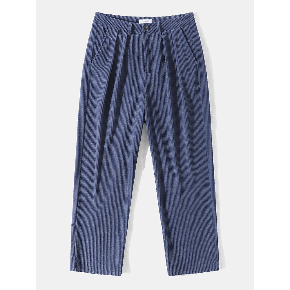 Men Corduroy Solid Elastic Waist Ankle Length Casual Pockets Pants - Dark Blue S