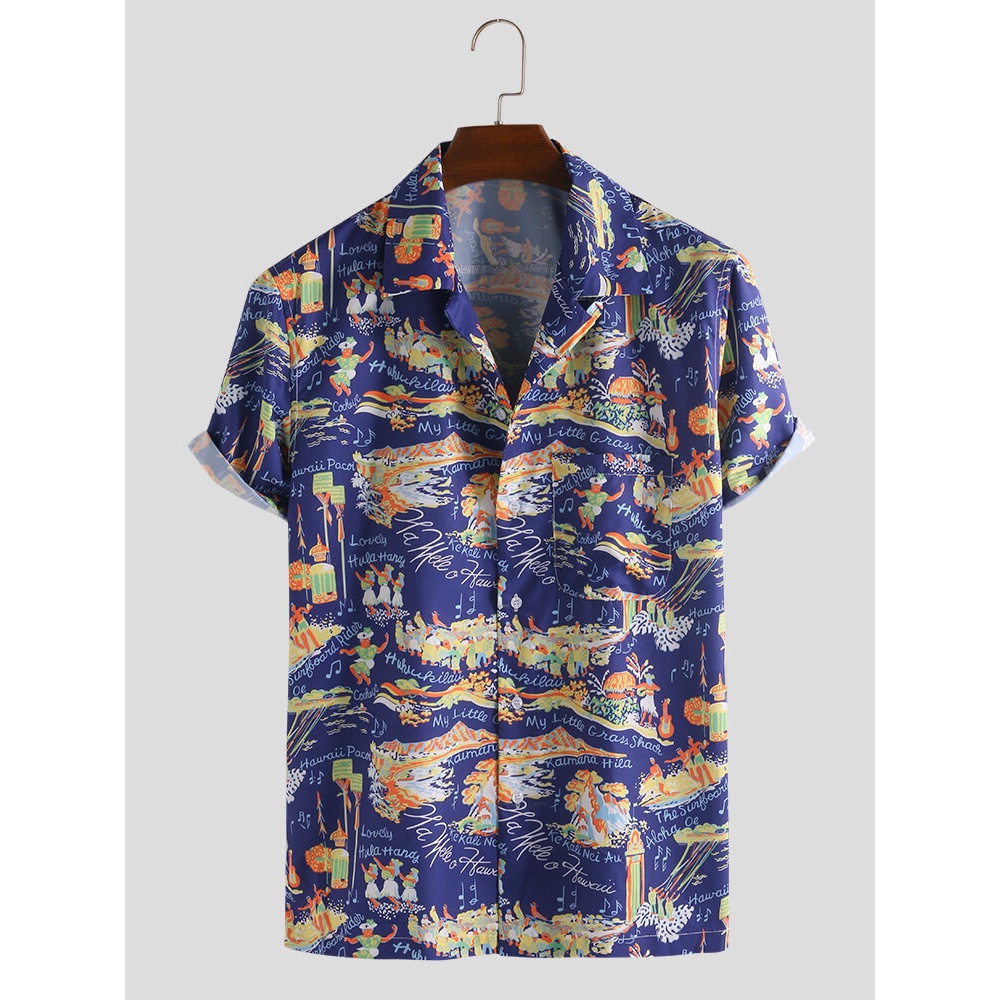 Mens Fashion Funny Printed Hawaiian Short Sleeve Casual Shirts - L Navy