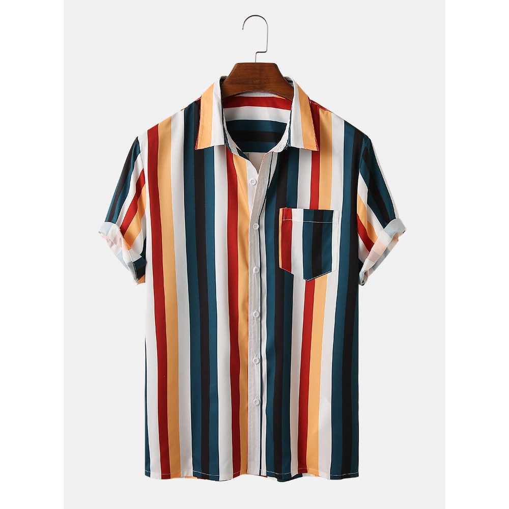 Mens Colorful Striped Turn Down Collar Short Sleeve Shirts - Green S