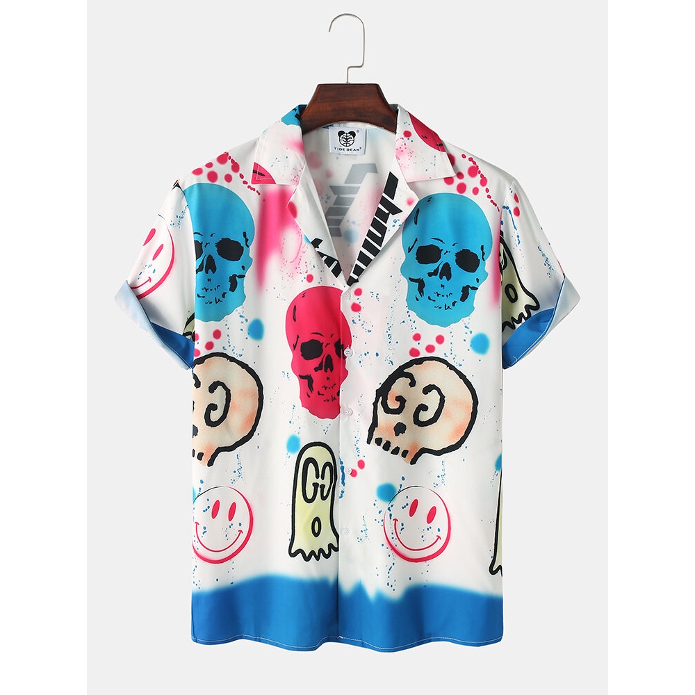 Mens Cartoon Skull Print Revere Collar Short Sleeve Shirt - White M