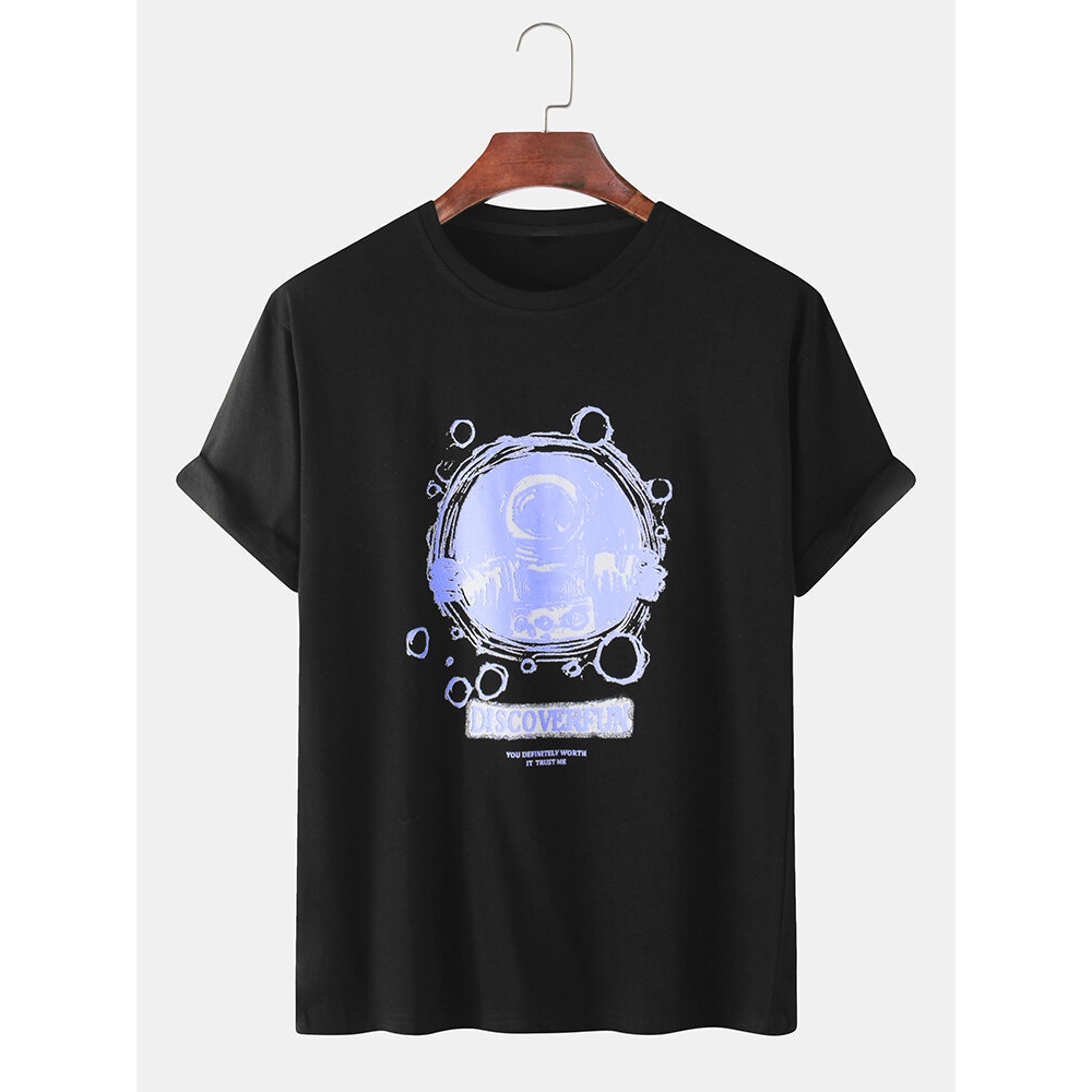 Fnuuy Cartoon Astronaut Print Casual Cotton Round Neck Short Sleeve T-Shirts - White L