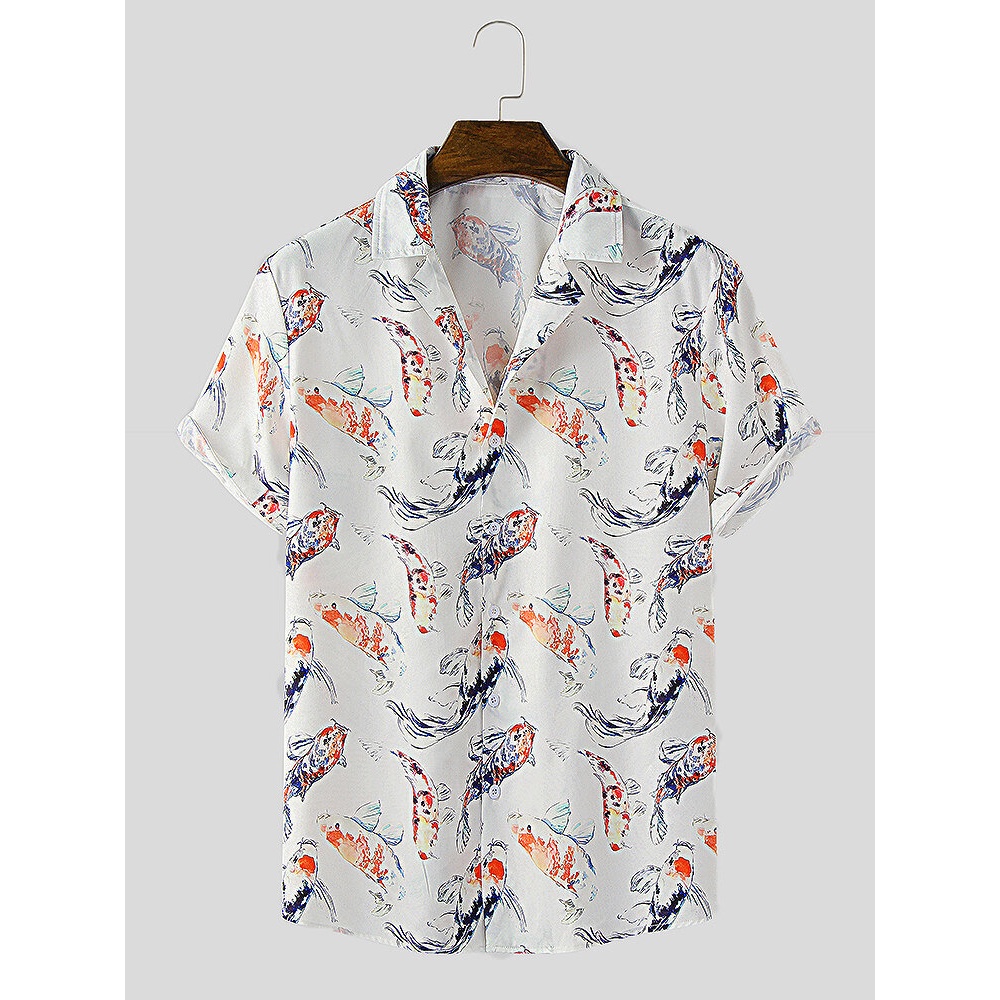 Mens Ethnic Style Fish Ink Painting Print Lapel Short Sleeve Shirt - White S