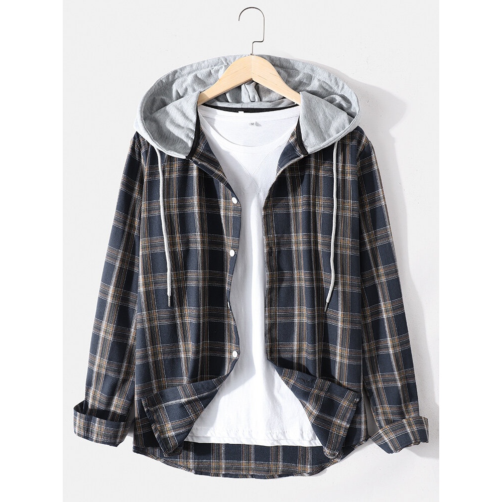 Mens Plaid Print Button Up Vintage Curved Hem Long Sleeve Hooded Shirts - Khaki L