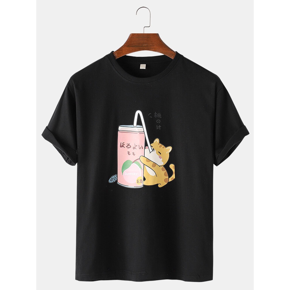 Mens Cartoon Cat Print Cotton Loose Light Casual Round Neck T-Shirts - White M