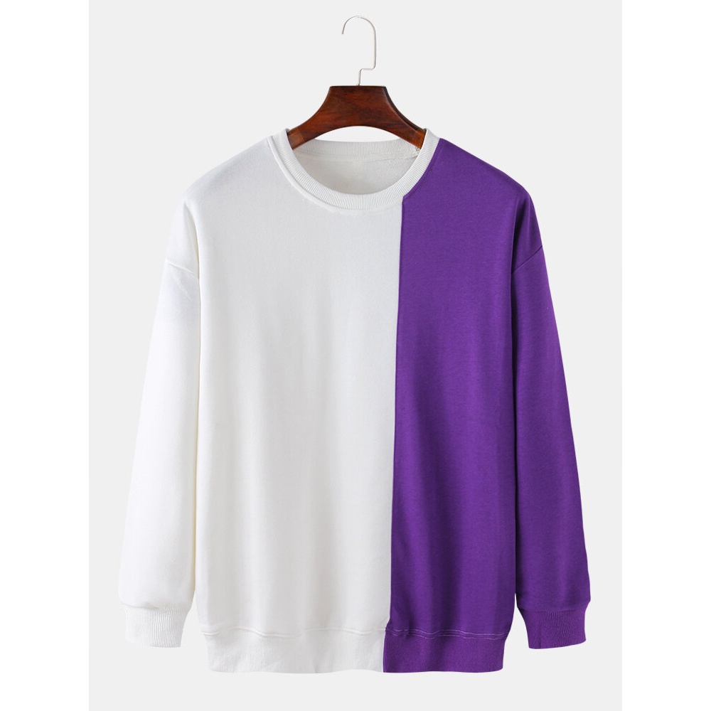 Mens Solid Color Patchwork Drop Shoulder Pullover Long Sleeve Sweatshirts - Blue 2XL