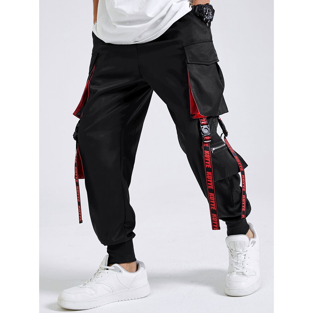 Mens Letter Tape Multi Pockets Fashion Pants - Black S