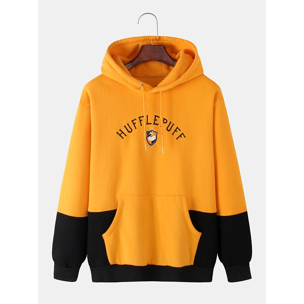 Mens Letter & Graphics Embroidery Patchwork Kangaroo Pocket Long Sleeve Drawstring Hoodies - Yellow XL