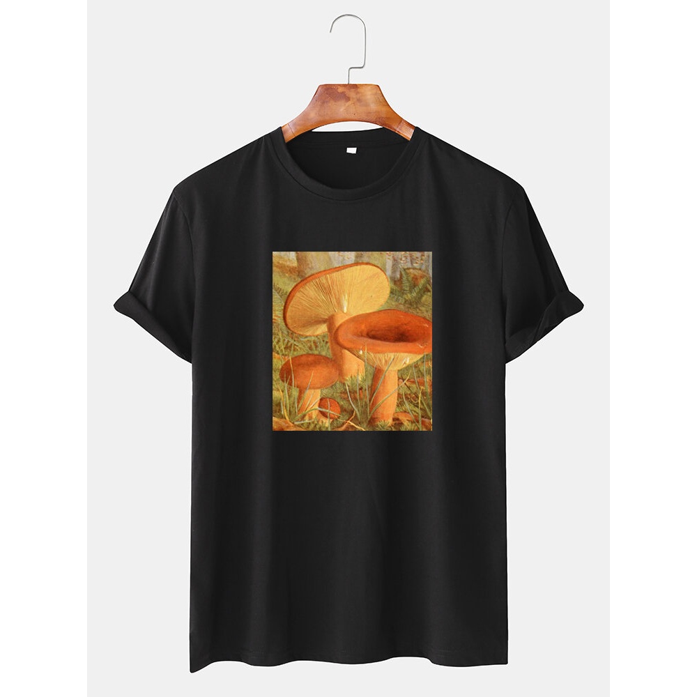 Mens Mushroom Graphic Print Thin O-Neck Short Sleeve T-Shirt - Khaki M