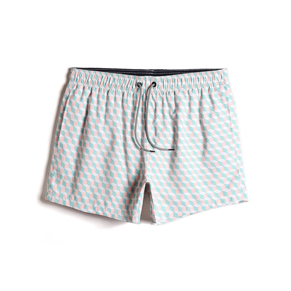 Mens All Over Geo Print Quick Drying Drawstring Beach Shorts - Green L