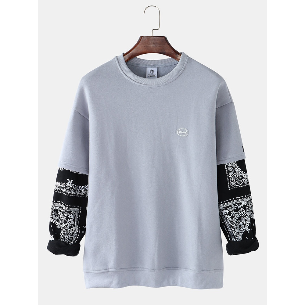 Mens Patchwork Paisley Print Faux Twinset Pullover Drop Shoulder Sweatshirts - Black M