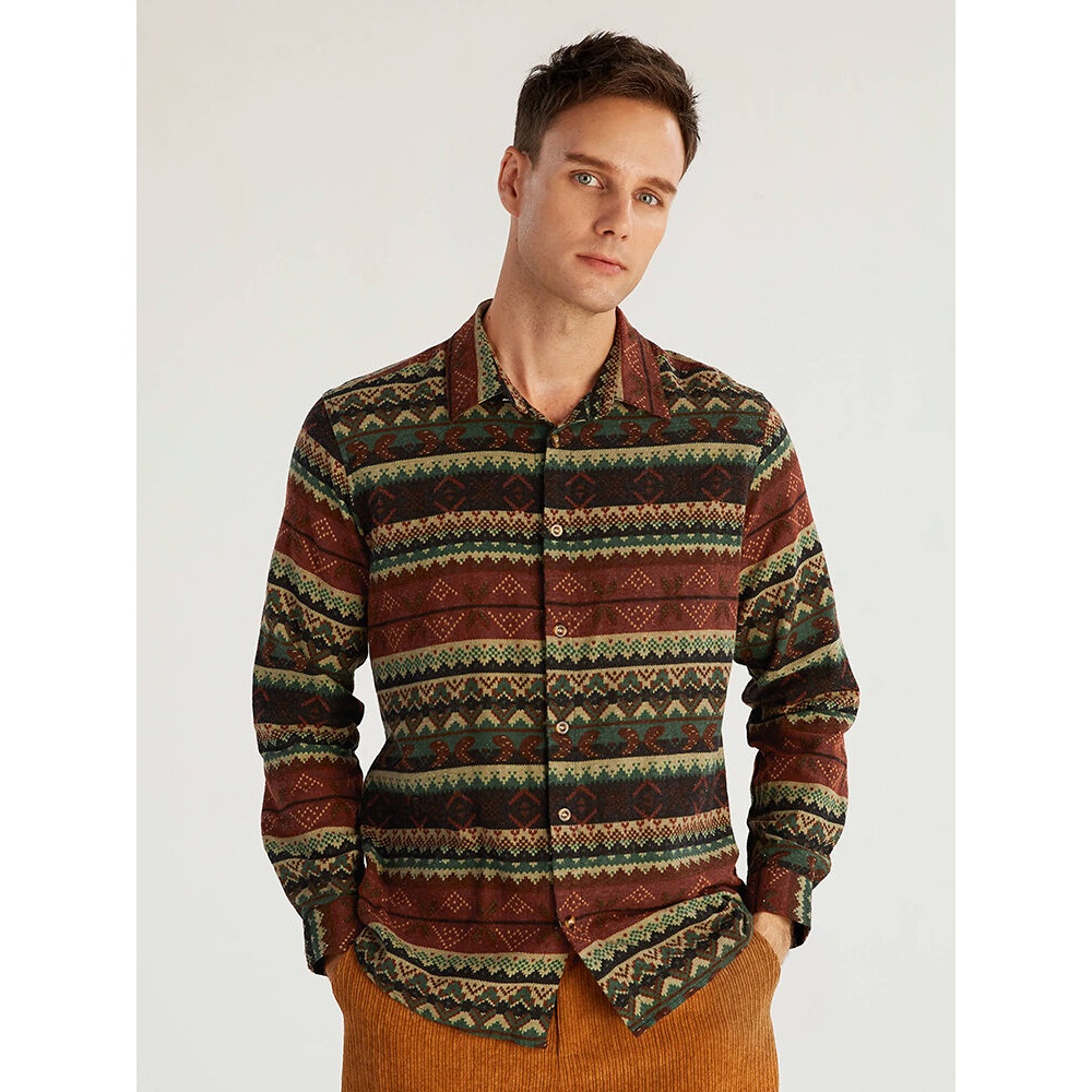 Men Cotton Stripe Printed Ethnic Style Vintage Lapel Long Sleeve Shirts - Red 3XL