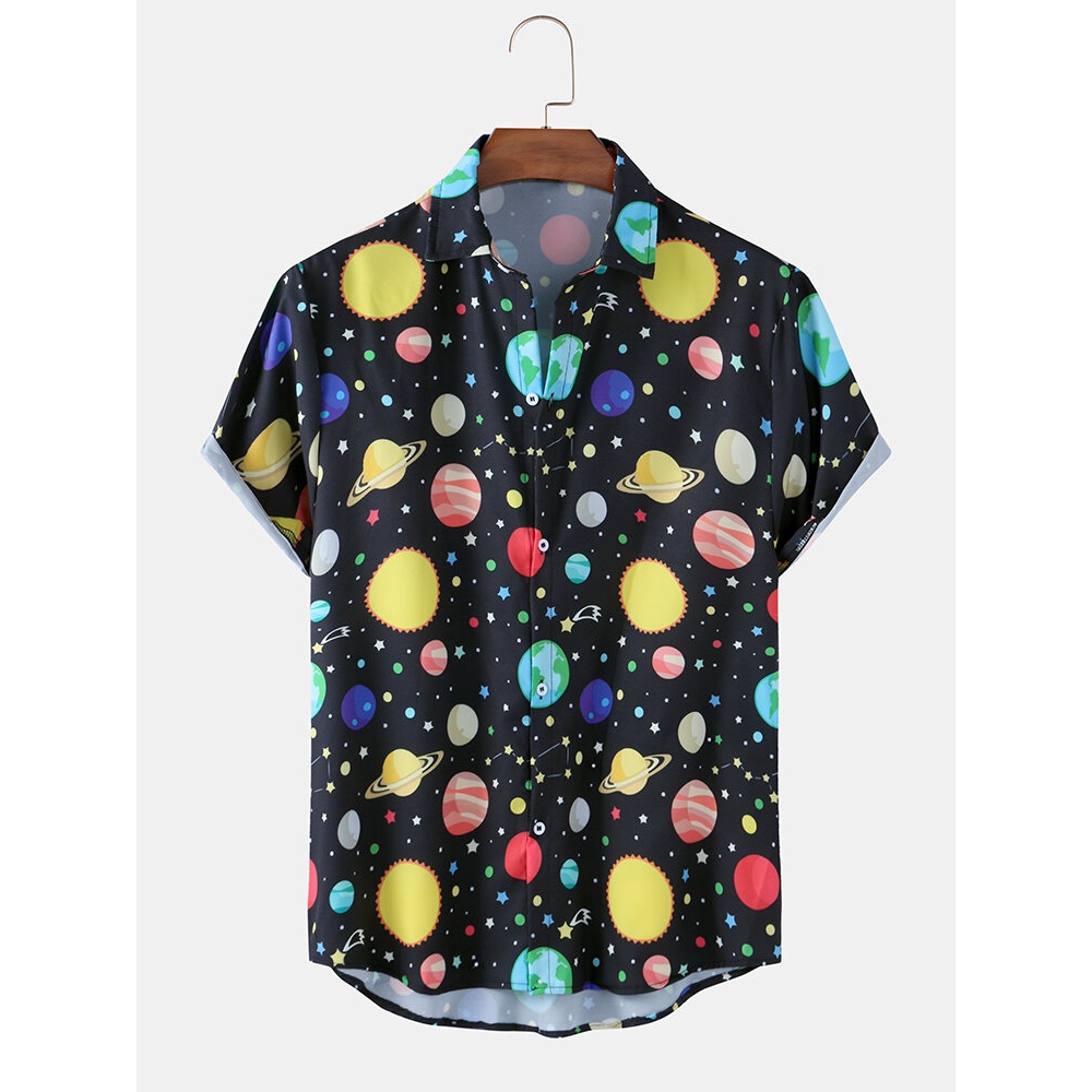 Mens Casual Funny Space Cartoon Print Short Sleeve Shirts - Yellow 3XL