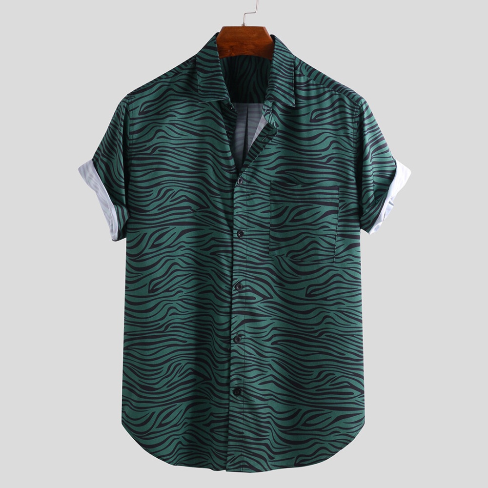 Men Ripple Print Short Sleeve Single Pocket Relaxed Hawaiian - 3XL Green