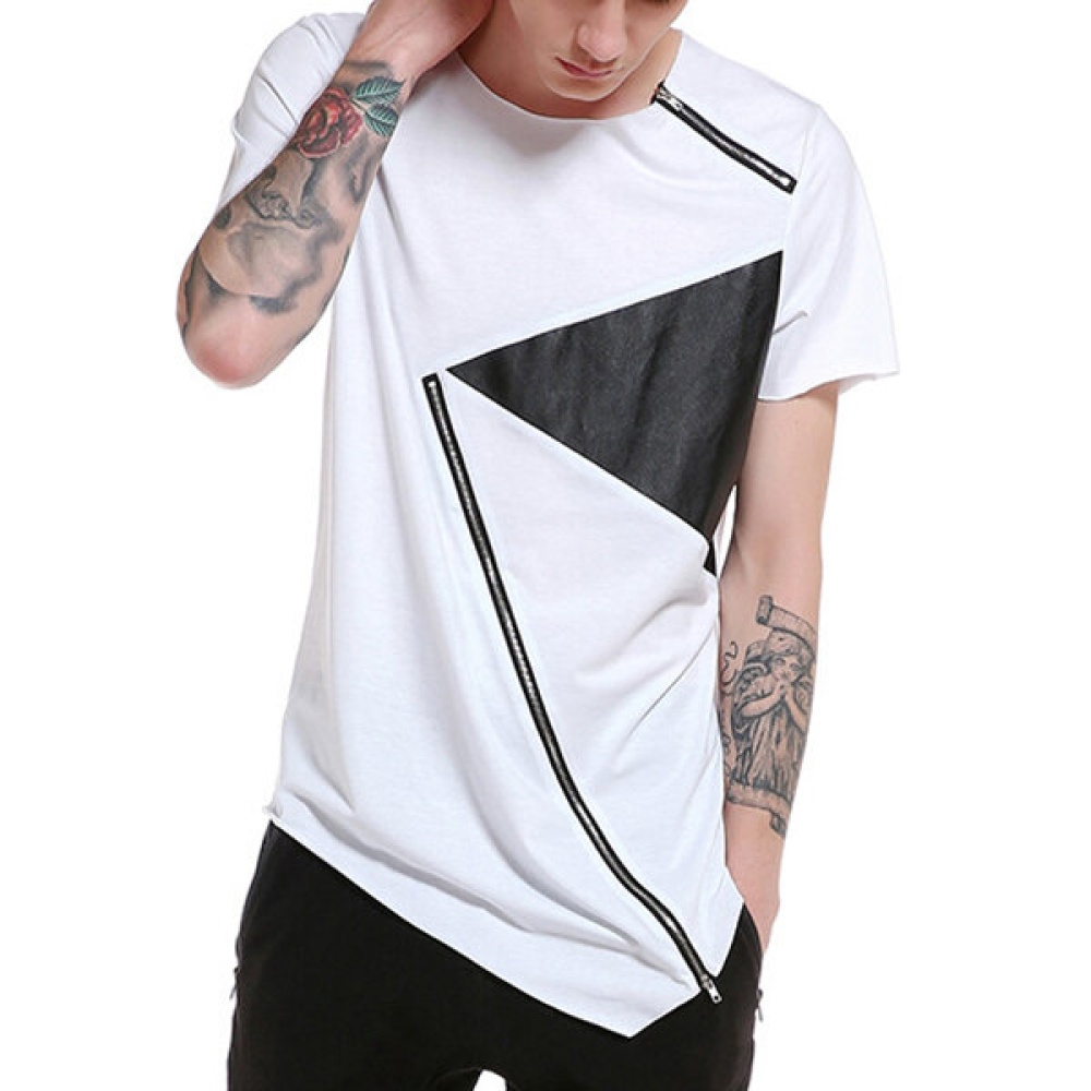 Summer Mens Hip-Hop Hit Color Zipper T-shirt O-neck Short Sleeve Casual Cotton Tops Tees - M White - Image 2