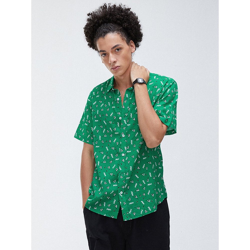 Mens New Fashion Cute Print Turn Down Collar Short Sleeve Shirts - Green M