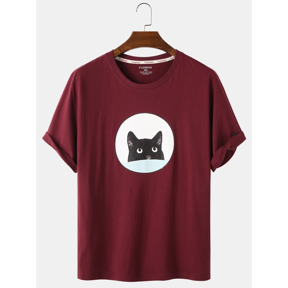 Mens Cartoon Black Cat Print Loose Light Daily Round Neck T-Shirts - Navy M