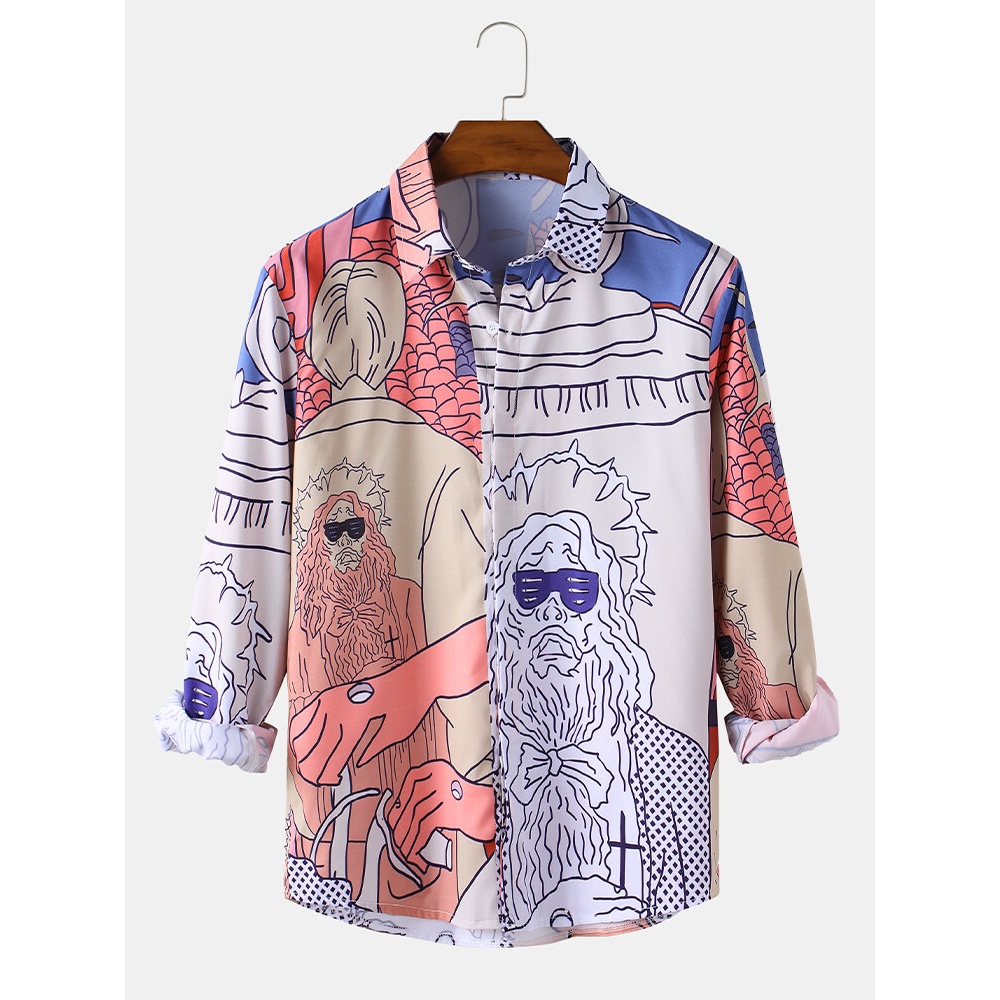 Funny Anime Figure Print Mens Lapel Long Sleeve Casual Shirts - Colorful XL