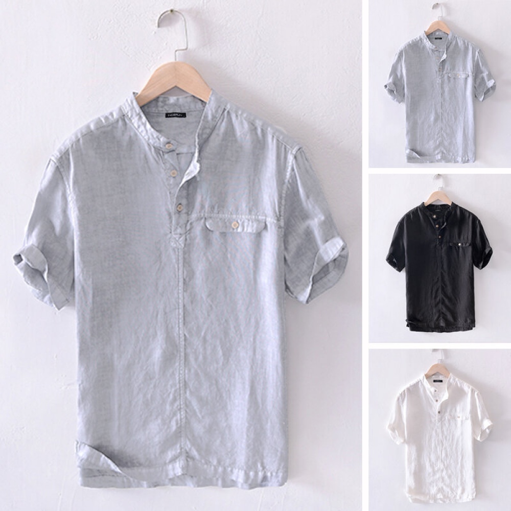 Men's Linen Short Sleeve Shirt Casual Collarless Button Shirt Top Blouse Holiday - 4XL Grey