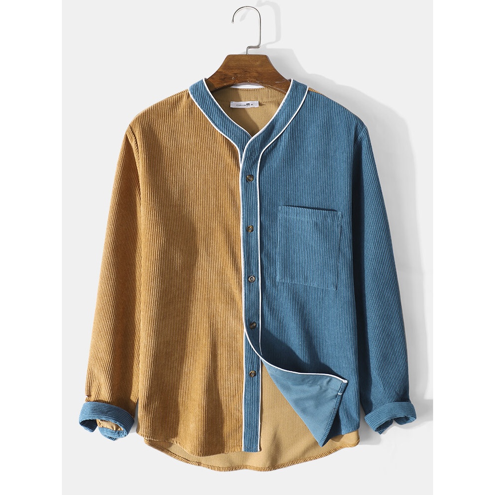 Mens Corduroy Splicing Texture Long Sleeve Shirts With Pocket - Blue S