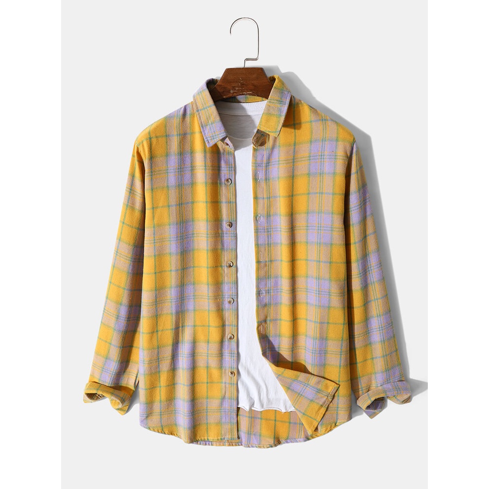Mens Yellow Plaid Button Leisure Home Lapel Shirt - Yellow L
