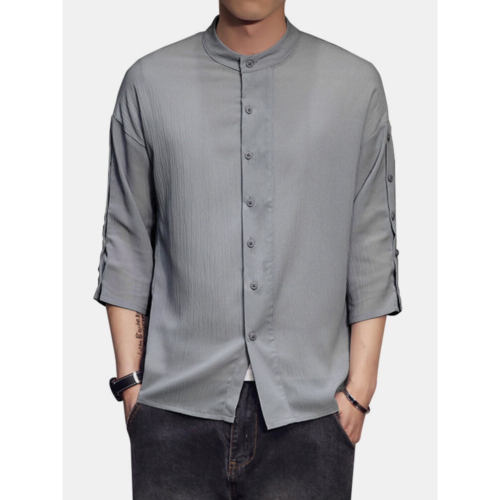 Mens Vintage Long Sleeve Solid Color Turn Down Collar Casual Shirts - 3XL Black