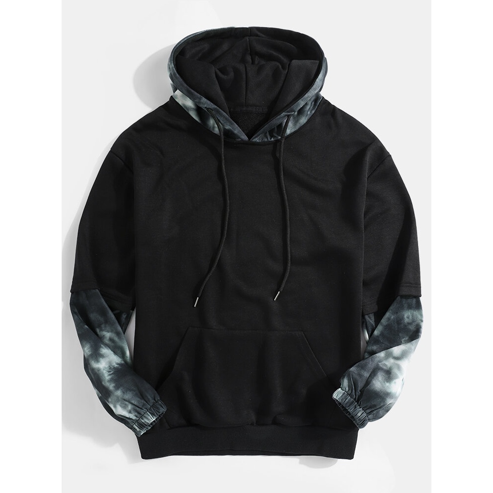 Mens Tie Dye Print Patchwork Doctor Sleeve Cotton Kangaroo Pocket Drawstring Hoodies - Black S