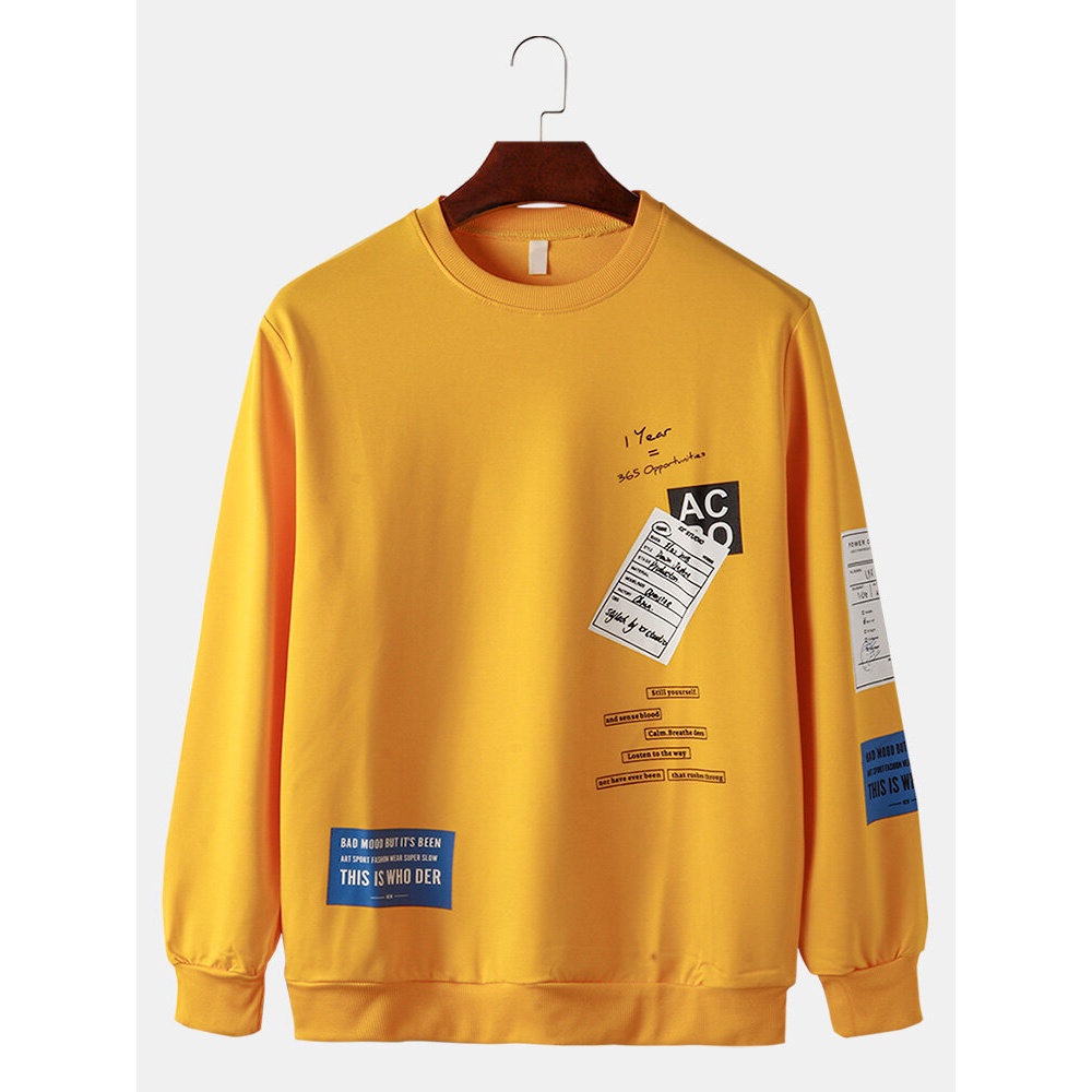 Mens Graphic Tag Print Regular Fit Crew Neck Elastic Hem Pullover Sweatshirts - White M