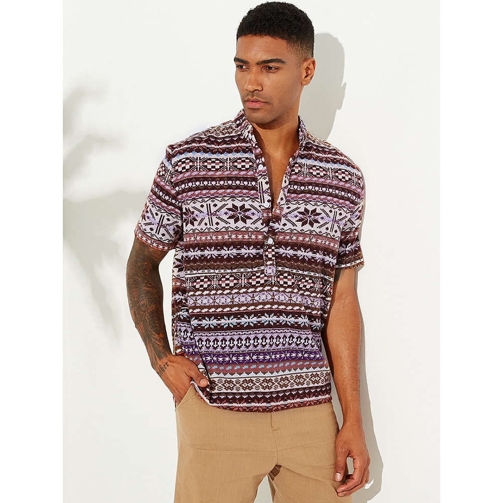 Mens Vintage Ethnic Style Short Sleeve Loose Henley Shirts - Brown M