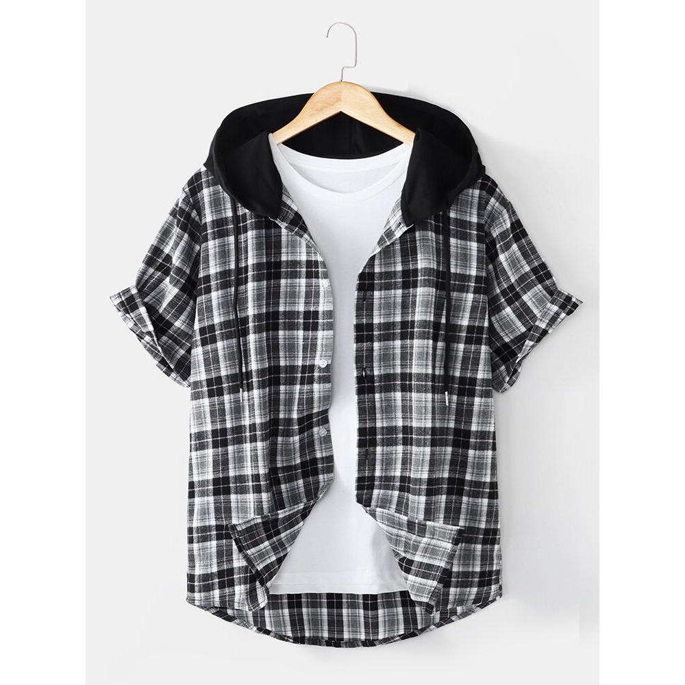 Mens Plaid Button Front Casual Short Sleeve Shirts With Hood - Black M