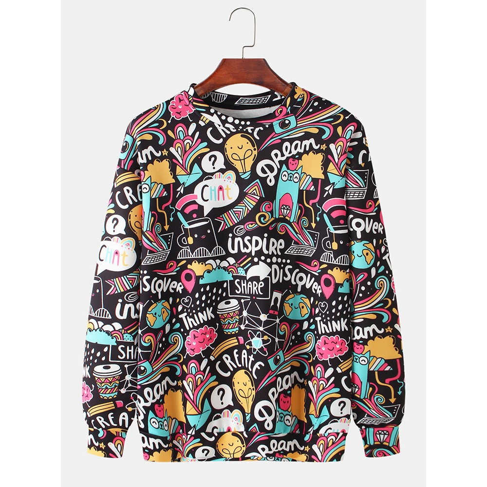 Mens Cotton Allover Funny Letter Print Crew Neck Casual Pullover Sweatshirts - Black S