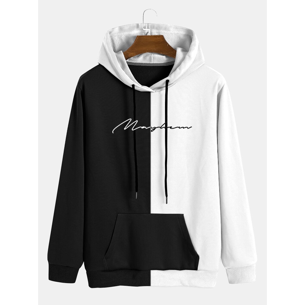 Mens Letter Splicing Black and White Preppy Drawstring Hoodies - Black S