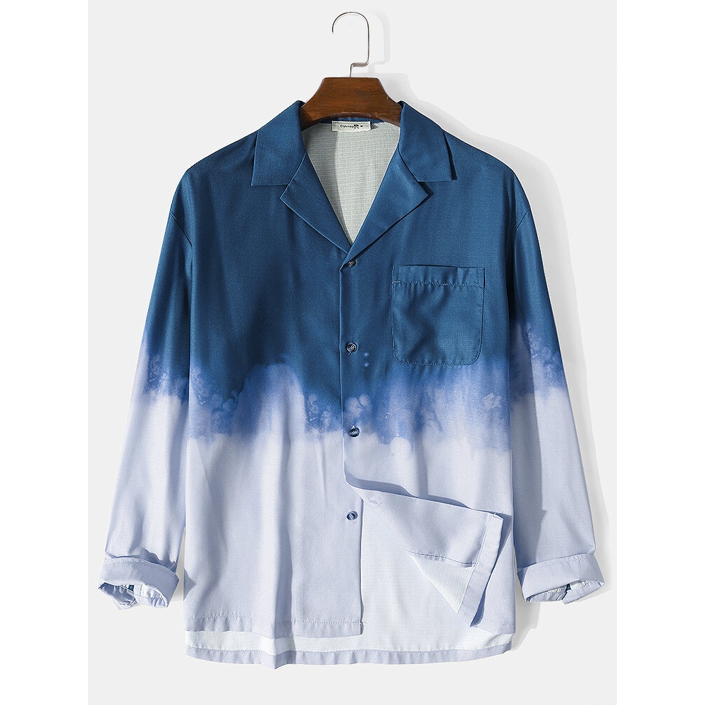 Mens Contrast Ombre Revere Collar High Low Casual Long Sleeve Shirts - Yellow S