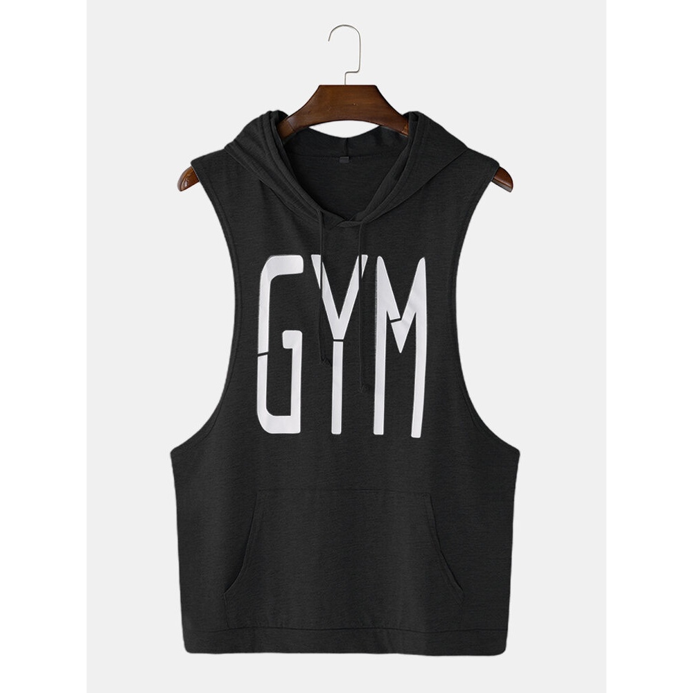 Men Fashion Letter Print Hooded Sleeveless Pocket Solid Color Sport Tops - White M