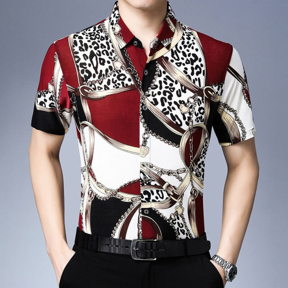 Men's Shirt Green Personality Printed Short-sleeved Men's Shirt - 165 Black and White