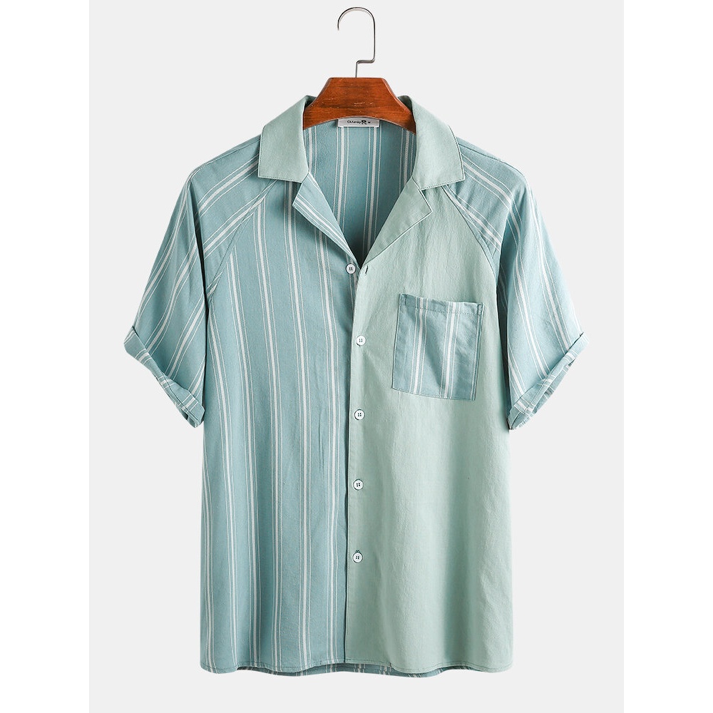 Men 100% Cotton Striped Patchwork Chest Pocket Holiday Casual Shirts - Green M