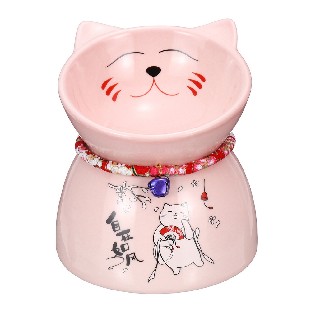 Special Design Cute Lucky Cat Shape Pet Food Bowl Raised Ceramics Pink Cat Bowl Food Feeder for Small Dog Pet Accessories - Pink - Image 2