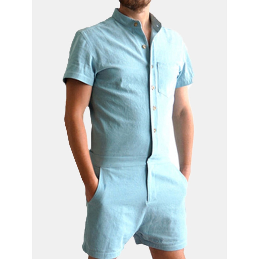 Mens Summer Fashion Pure Color Rompers Jumpsuits - L Green