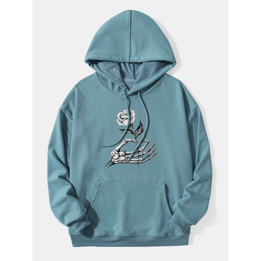 Men Rose Skeleton Hand Print Drawstring Pocket Hooded Sweatshirts - White S
