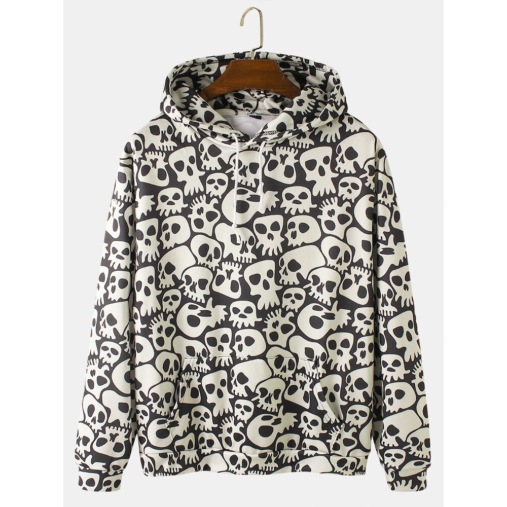 Mens Allover Skull Print  Loose Drawstring Hoodies With Muff Pocket - Black S