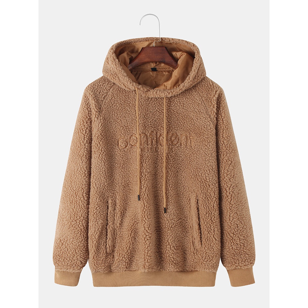 Mens Letter Embroidery Raglan Sleeves Fluffy Drawstring Hoodies With Pocket - Khaki S