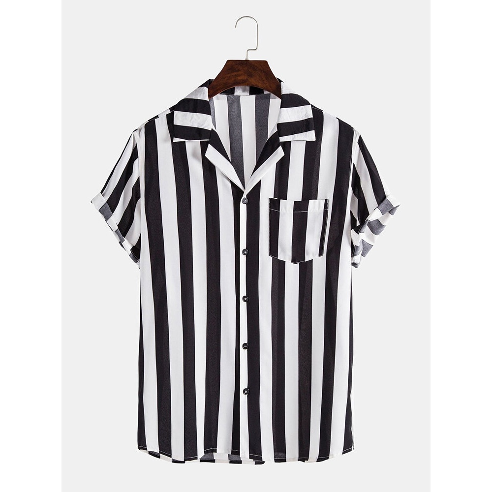 Mens Stripe Chest Pocket Revere Collar Short Sleeve Casual Shirts - White S