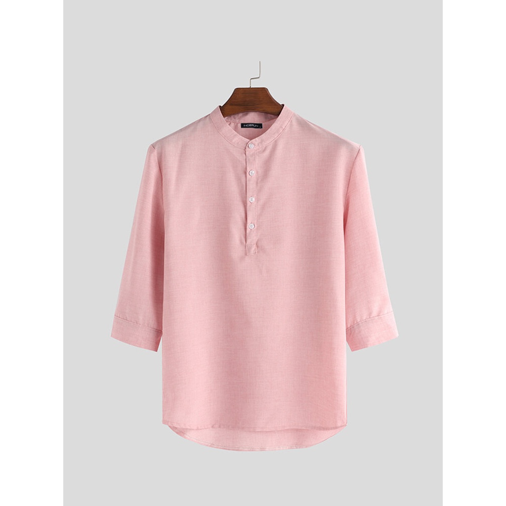 Mens Shirt 3/4 Sleeve Stand Collar Button Blouse Pullover Casual Soft Dress Tops - S White