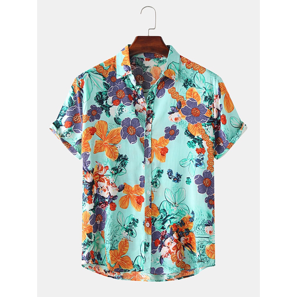 Men Floral Print Turn Down Collar Hawaii Holiday Short Sleeve Shirts - Light Green S