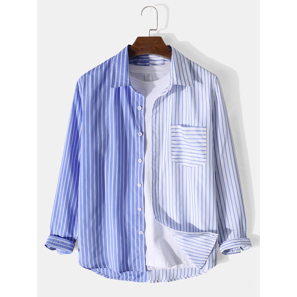 Mens Patchwork Stripe Lapel Chest Pocket Casual Long Sleeve Shirts - Blue S