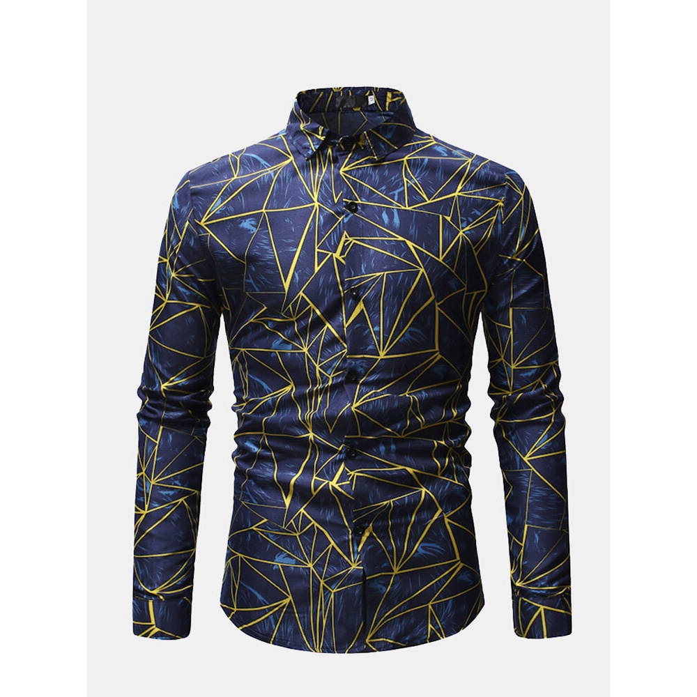 Men Geometry Printing Turn Down Collar Casual Designer Shirt - L Red