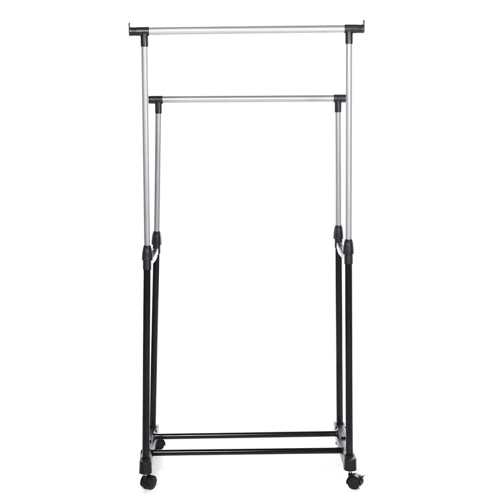 Double Coat Rack Adjustable Rod Clothes Hanging Drying Shelf Storage Rail Wheel - type2