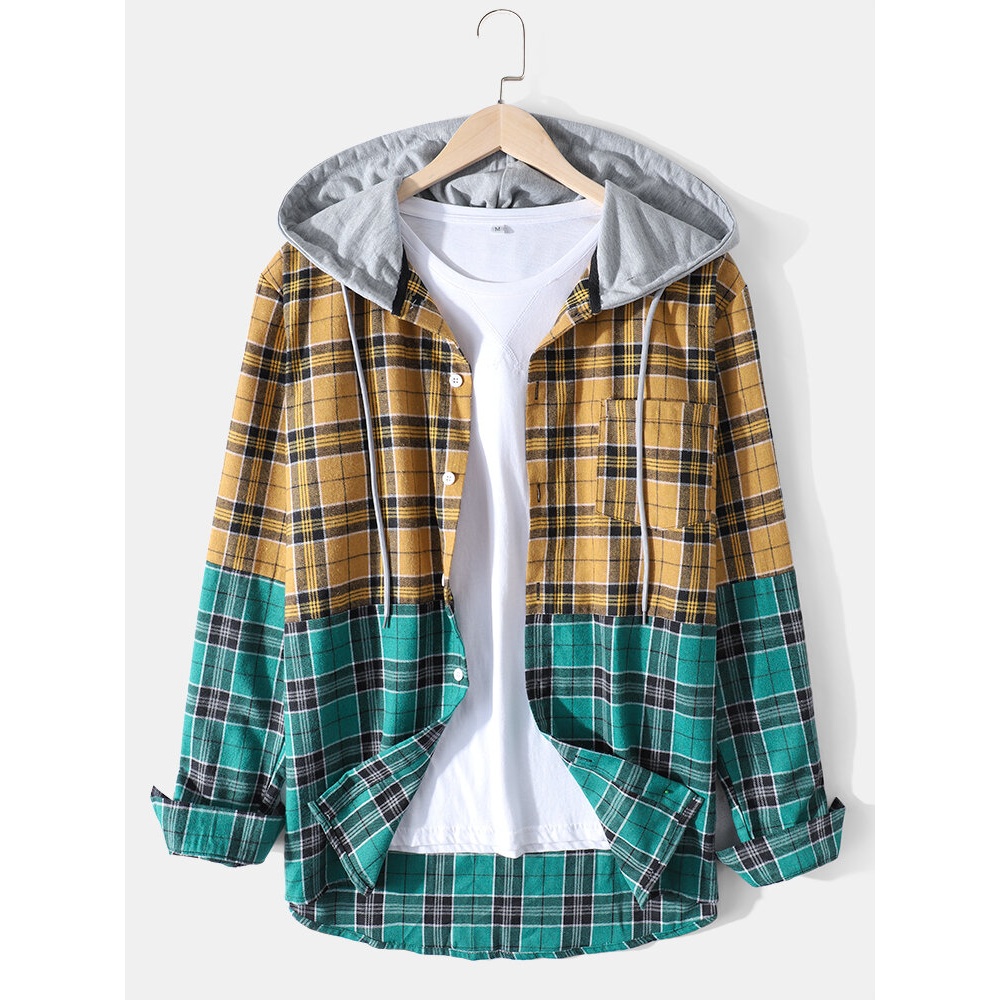 Mens Patchwork Plaid Chest Pocket Hooded Long Sleeve Casual Cotton Shirts - S Green