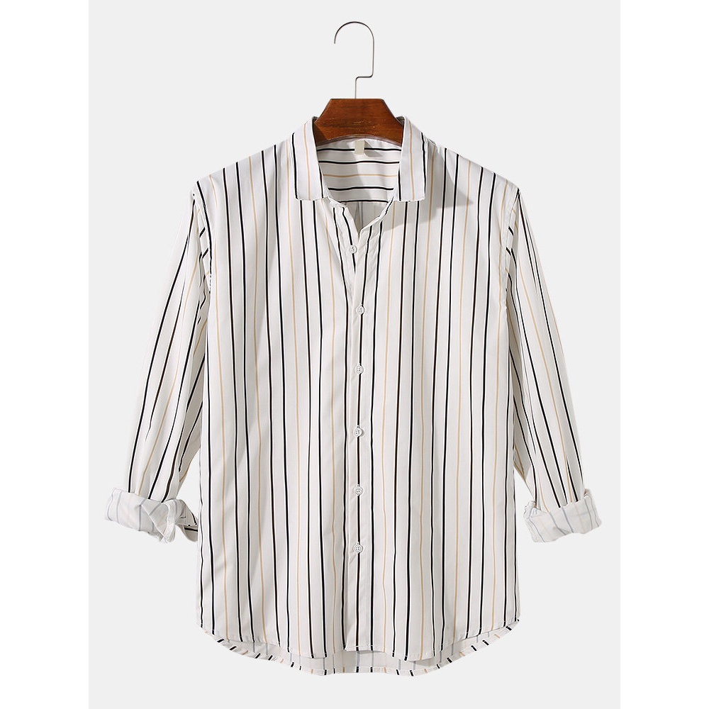 Mens Printed Striped Curve Bottom Button Lapel Casual Long Sleeve Shirts - Blue S